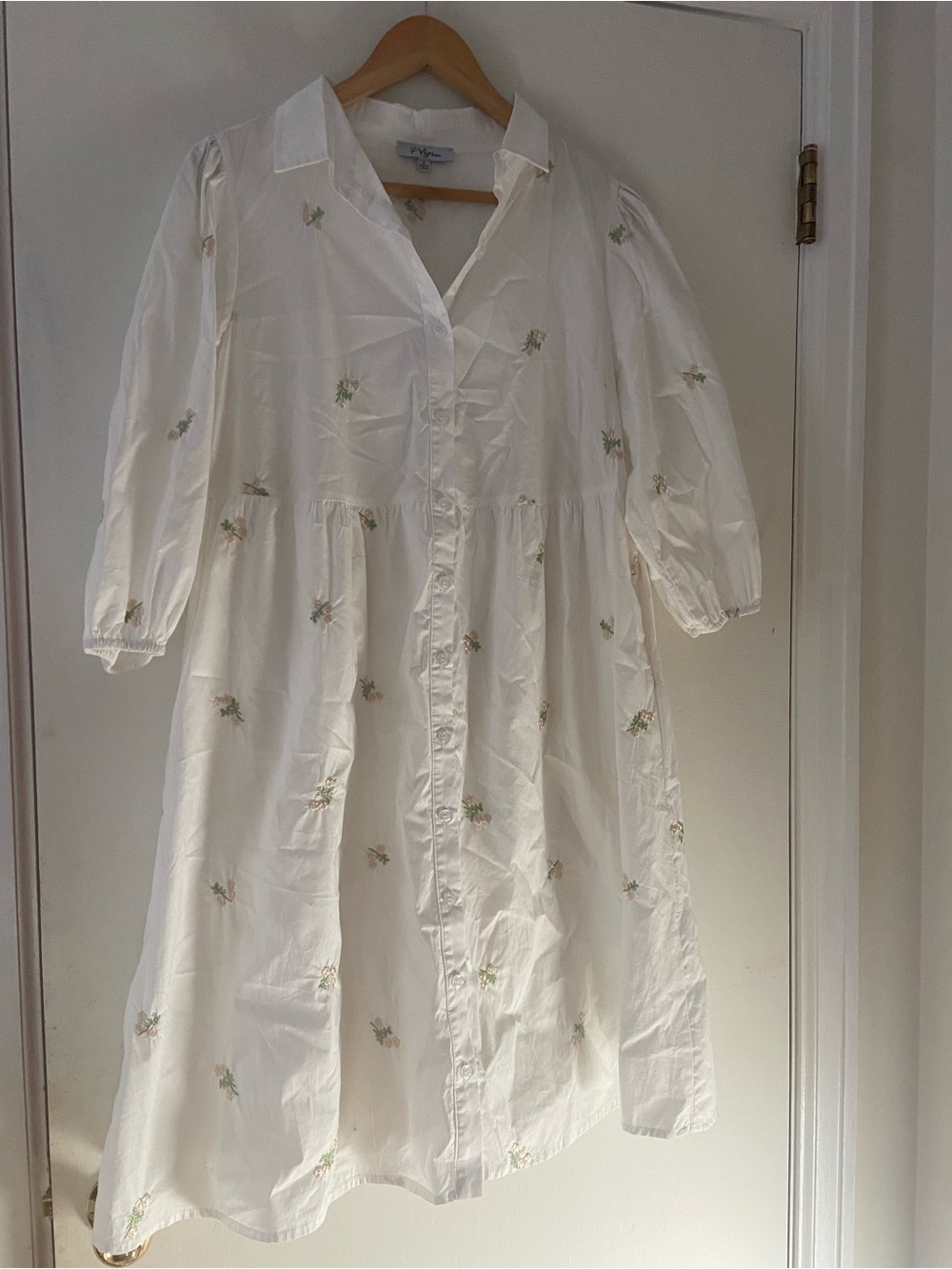 Polagram White Midi Dress with Green & Pink Floral Embroidery